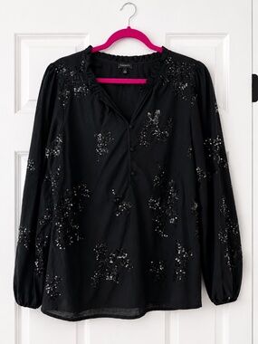 Talbots Black Sequin Floral Blouse Size L Holiday Party Top
